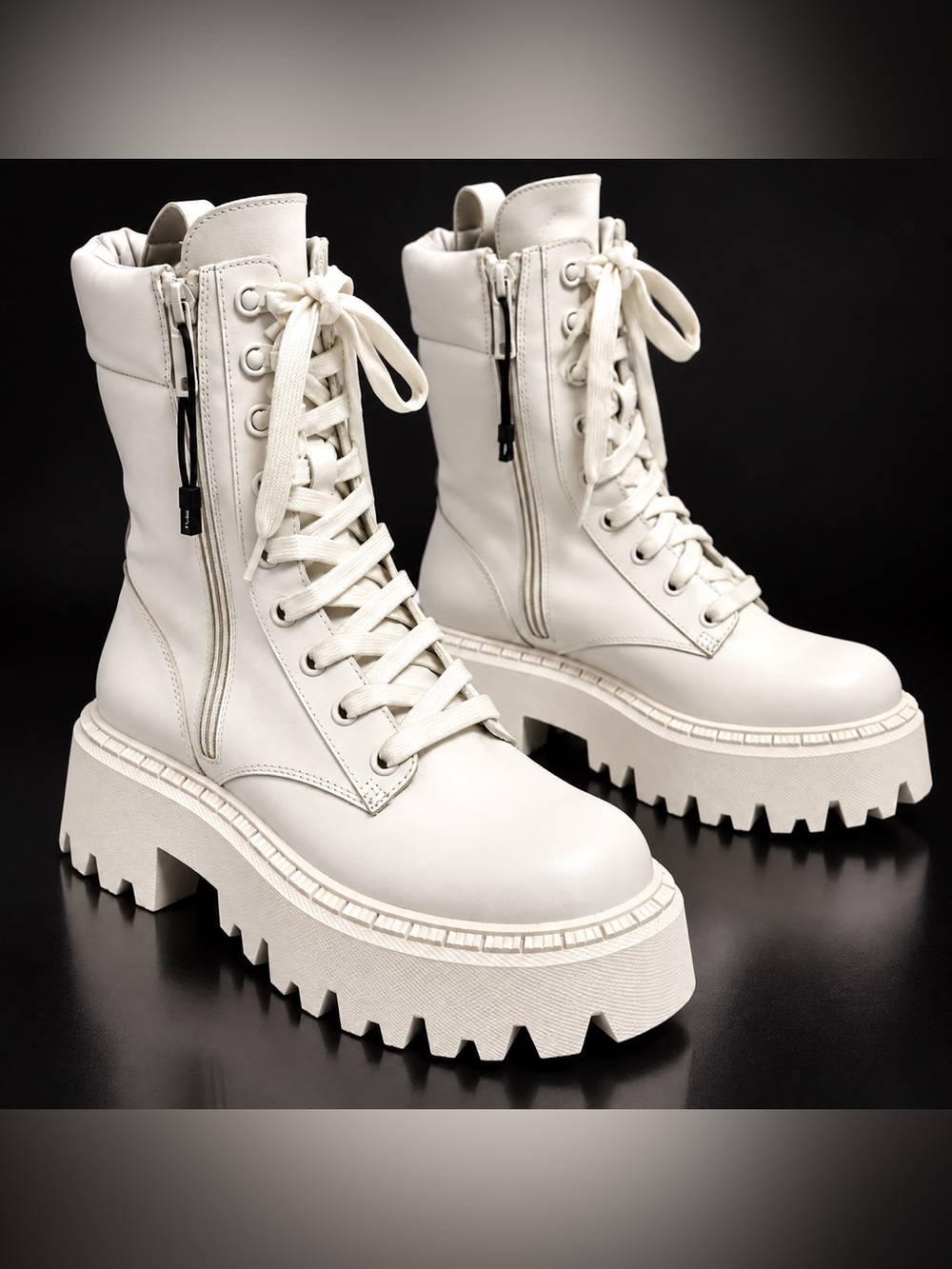 REAL LEATHER Zara Cream Lace-Up Chunky Lug Ankle Boots